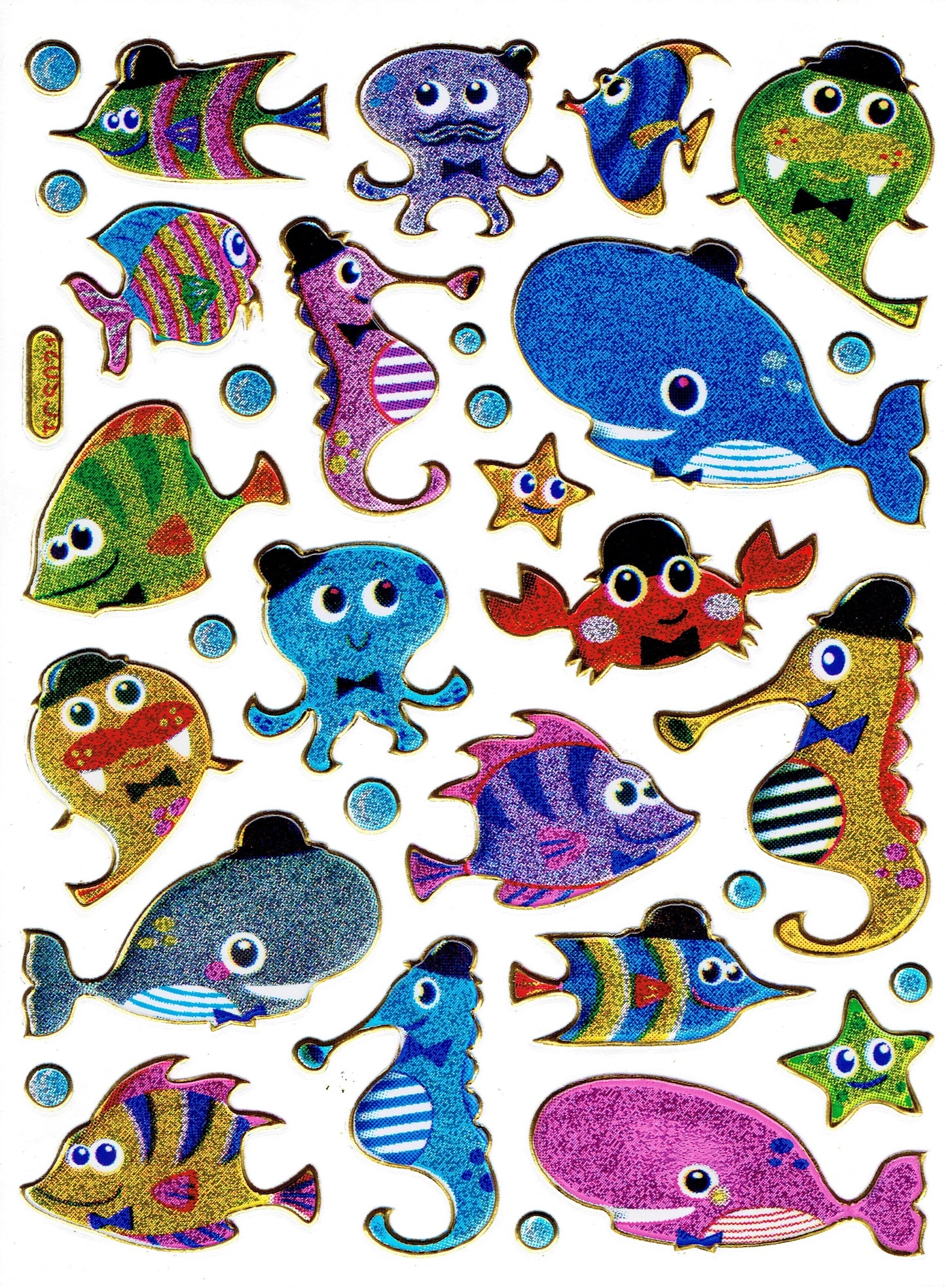 Poissons Créatures marines Animaux aquatiques Autocollants colorés Effet scintillant métallique pour l'artisanat des enfants Maternelle Anniversaire 1 feuille 066