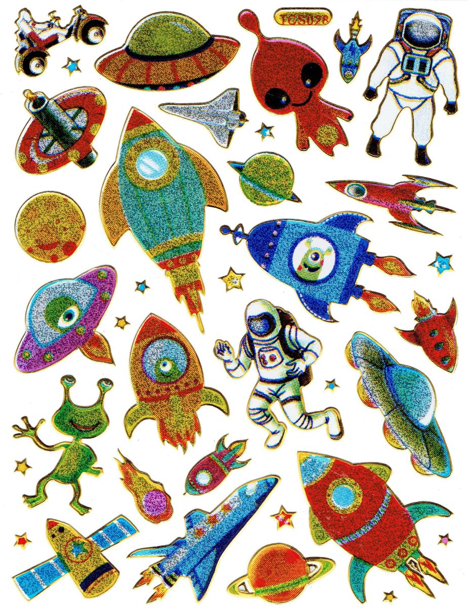 Rakete Ufo Astronaut Aufkleber Sticker metallic Glitzer Effekt Schule Kinder Basteln Kindergarten 1 Bogen 526
