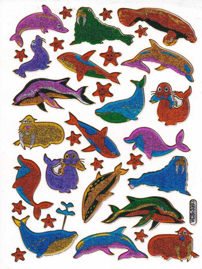 Dauphins, poissons, créatures marines, animaux aquatiques, animaux, autocollants colorés, effet scintillant métallique, pour bricolage enfant, maternelle, anniversaire, 1 feuille 056