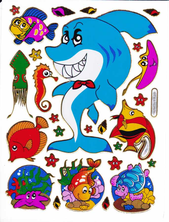 Requin, poisson, créatures marines, animaux aquatiques, animaux, autocollants colorés, effet scintillant métallique, pour bricolage enfant, maternelle, anniversaire, 1 feuille 077