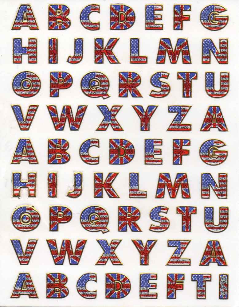 Buchstaben ABC USA FLAGGE bunt Höhe 12 mm Aufkleber Sticker metallic Glitzer Effekt Schule Büro Ordner Kinder Basteln Kindergarten 1 Bogen 134