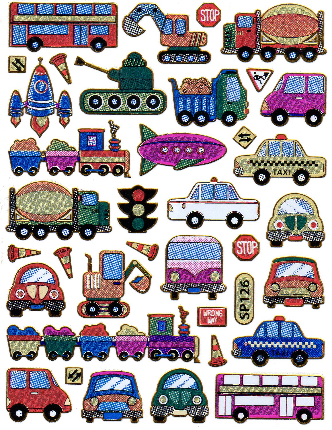 Voiture grue scooter taxi bus autocollant autocollant métallique paillettes effet école enfants artisanat maternelle 1 feuille 277