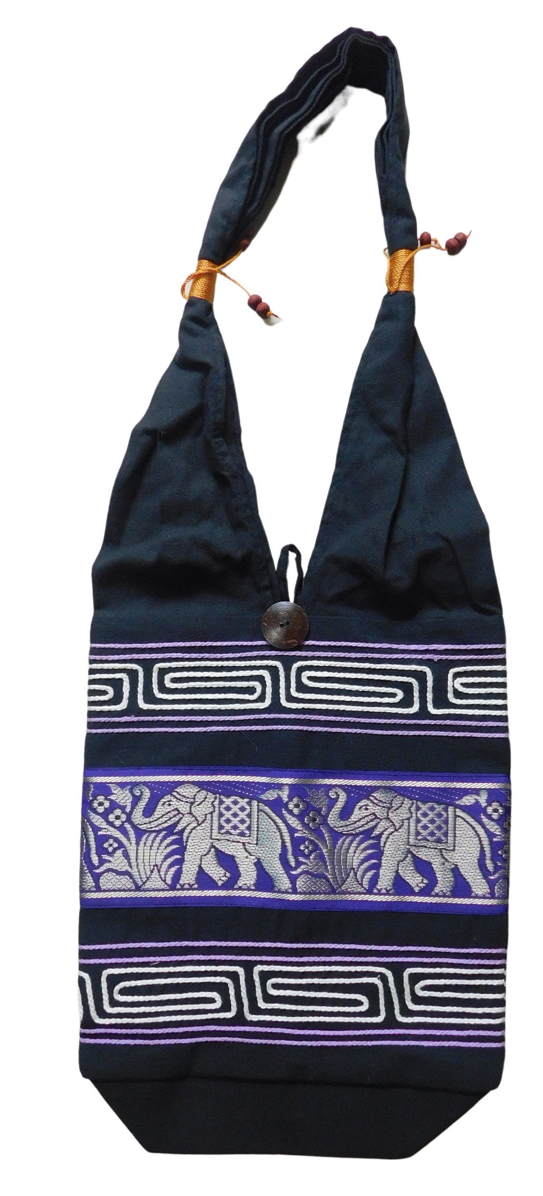 Sac bandoulière éléphant en coton – Sac à bandoulière thaïlandais brodé fait main 30 x 27 cm