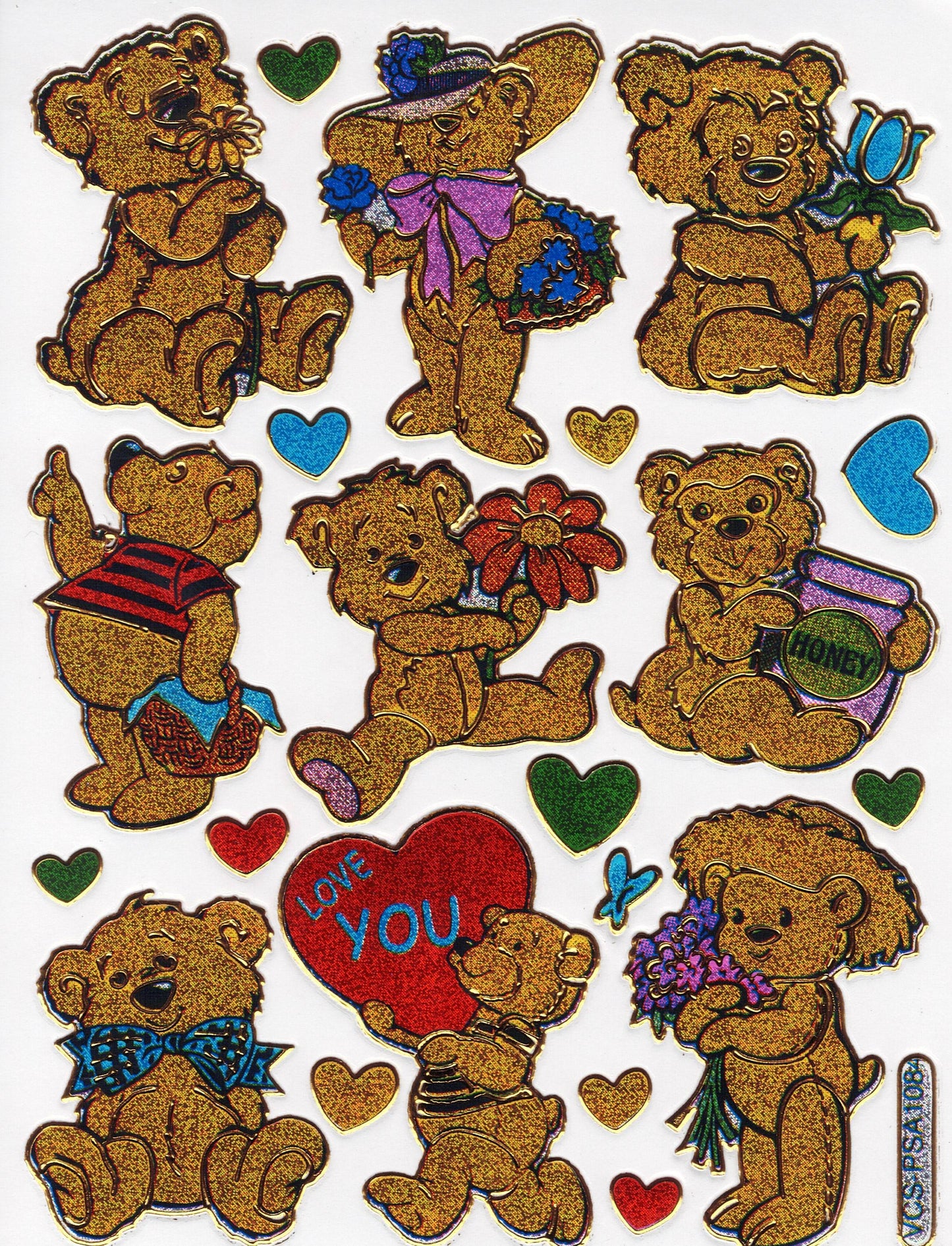 Teddy Bear Gold Teddy Bear Sticker Stickers Metallic Glitter Effect Kids Crafts Kindergarten 1 Sheet 374