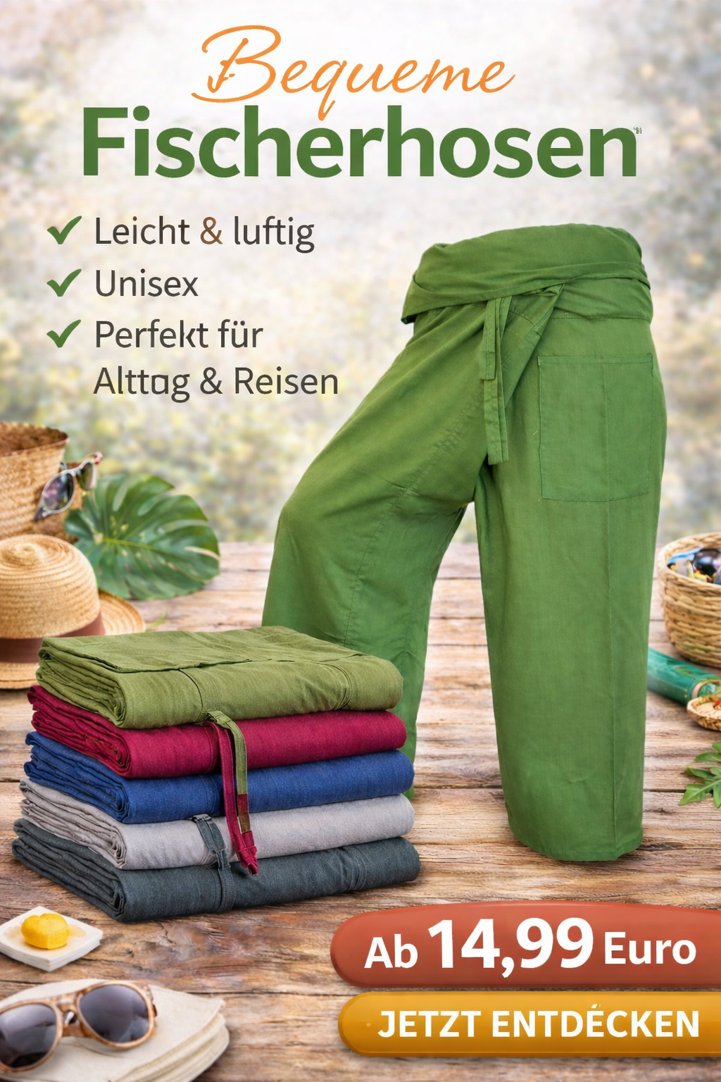 Vielfarbige Fischerhosen: Moderne, geschlechtsneutrale Thai Fisherman Pants aus leichtem Stoff für Yoga und Massage.