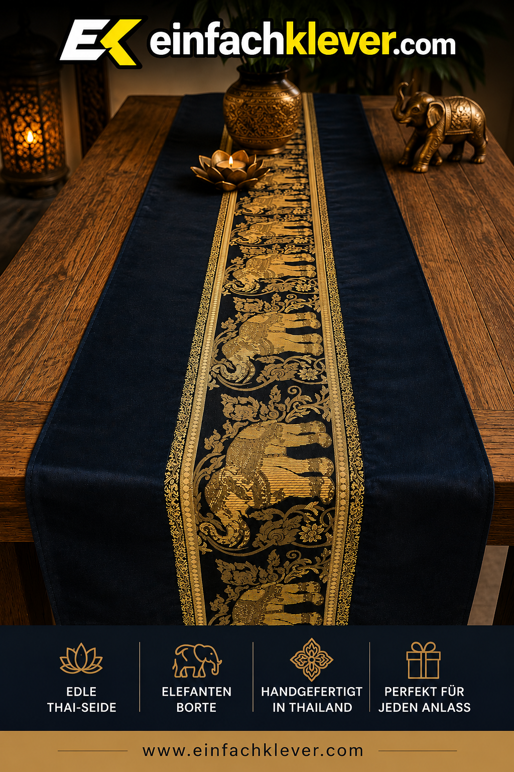 Chemin de table fait main avec bordure éléphant en soie thaïlandaise | 90–240 cm | Décoration de table élégante pour salon, mariage et fêtes