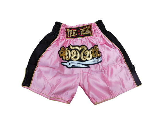 Original Muay Thai Shorts für Kinder Schwarz Rosa | Thaiboxhose XXS-M