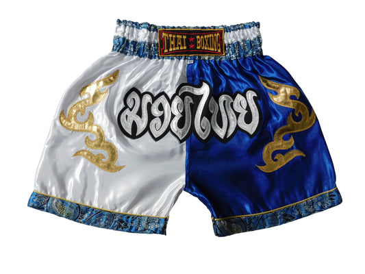 Original Muay Thai Shorts für Kinder Weiß Blau | Thaiboxhose XXS-M