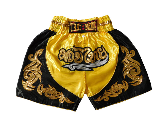 Original Muay Thai Shorts für Kinder Gelb Schwarz | Thaiboxhose XXS-M