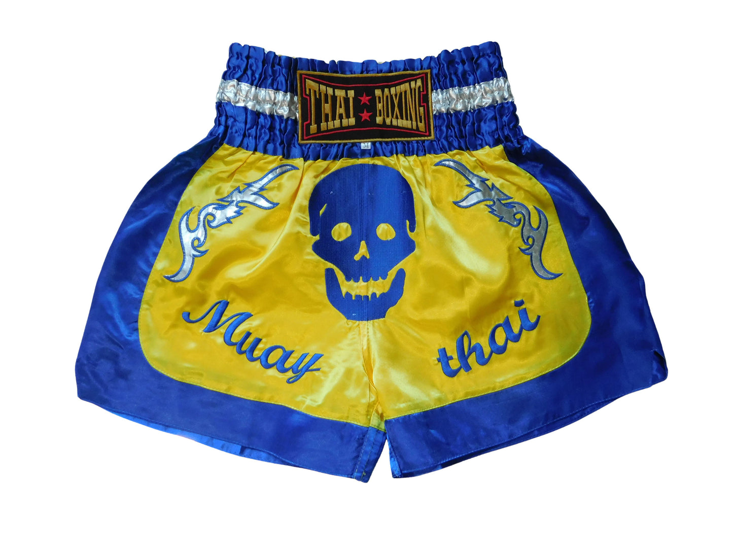 Shorts Muay Thai Original Tête de Mort Bleu Jaune | Pantalon de boxe thaïlandais unisexe M-3XL