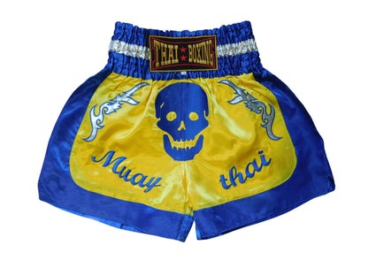 Shorts Muay Thai Original Tête de Mort Bleu Jaune | Pantalon de boxe thaïlandais unisexe M-3XL