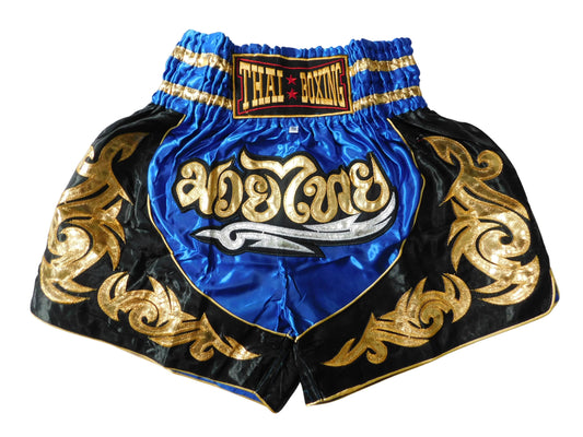 Muay Thai Shorts Blau Schwarz Gold | Original Thaiboxhose aus Thailand M-3XL