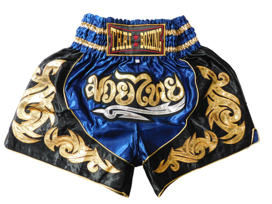 Muay Thai Shorts Dunkelblau Schwarz Gold | Original Thaiboxhose aus Thailand M-3XL