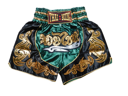 Muay Thai Shorts Grün Schwarz Gold | Original Thaiboxhose aus Thailand M-3XL