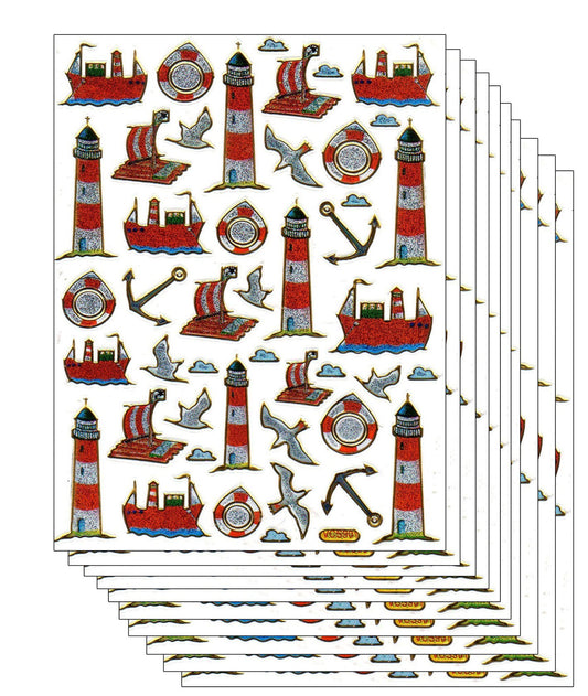 Sparset 10 Bogen Leuchturm Schiffe Anker 450 Aufkleber Sticker metallic Glitzer Effekt für Kinder Basteln Kindergarten Geburtstag