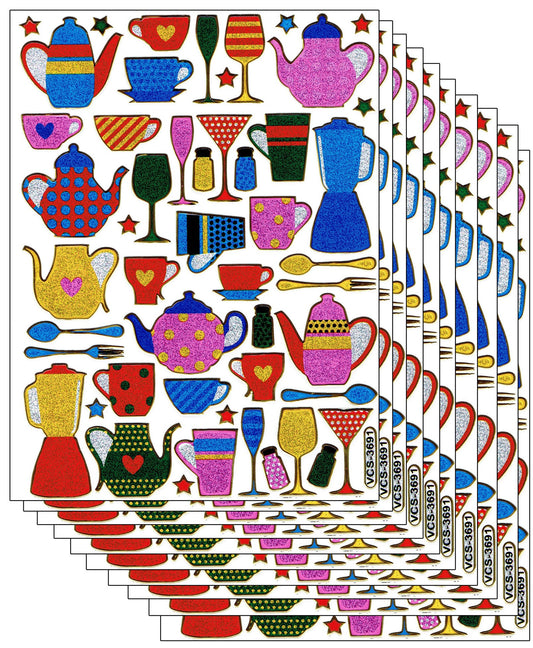 Sparset 10 Bogen Kanne Tasse Tee Kaffee 480 Aufkleber Sticker metallic Glitzer Effekt für Kinder Basteln Kindergarten Geburtstag