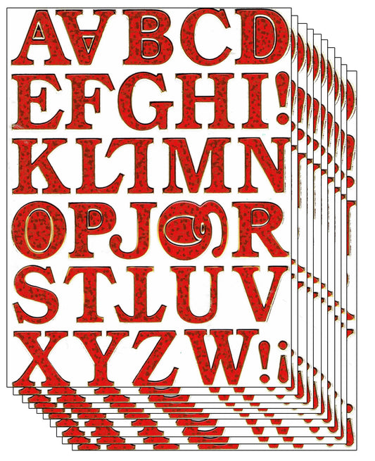 10ER Vorteilsangebot ABC Buchstaben rot Aufkleber Sticker metallic Glitzer Effekt für Kinder Basteln Kindergarten Geburtstag 10 Bogen 079
