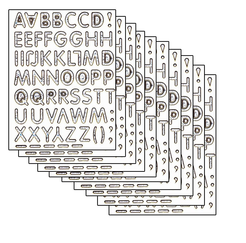 10ER Vorteilsangebot ABC silber Buchstaben Aufkleber Sticker metallic Glitzer Effekt für Kinder Basteln Kindergarten Geburtstag 10 Bogen 113
