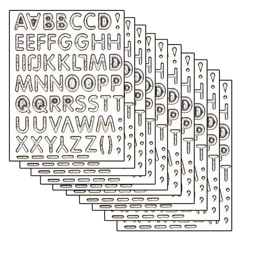 10ER Vorteilsangebot ABC silber Buchstaben Aufkleber Sticker metallic Glitzer Effekt für Kinder Basteln Kindergarten Geburtstag 10 Bogen 113