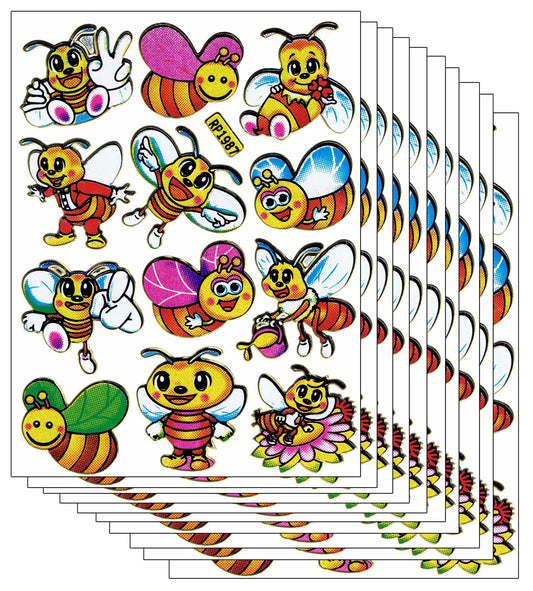 10ER Vorteilsangebot Bienen Wespen Hummel Aufkleber Sticker metallic Glitzer Effekt für Kinder Basteln Kindergarten Geburtstag 10 Bogen 404