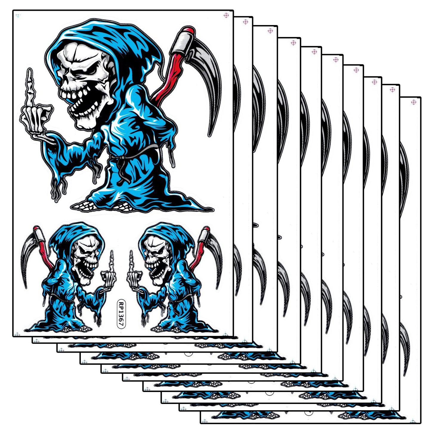 10ER Vorteilspack Totenkopf Sensemann Aufkleber Sticker Motorrad Moped Roller Skateboard Auto Tuning Modellbau selbstklebend 509