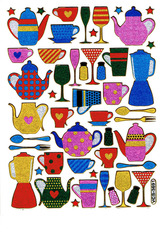 Pot de thé café tasse autocollants autocollants métallisé paillettes effet école bureau dossier enfants artisanat maternelle 1 feuille 066
