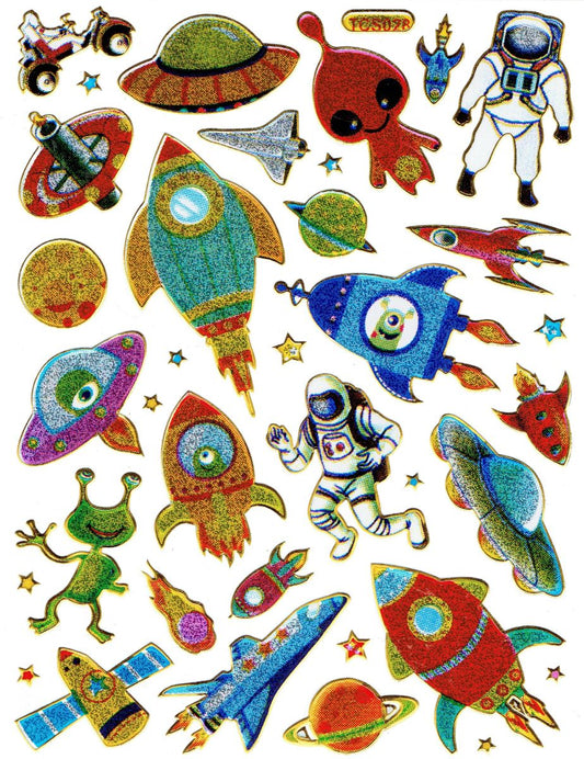 Rakete Ufo Astronaut Aufkleber Sticker metallic Glitzer Effekt Schule Kinder Basteln Kindergarten 1 Bogen 526
