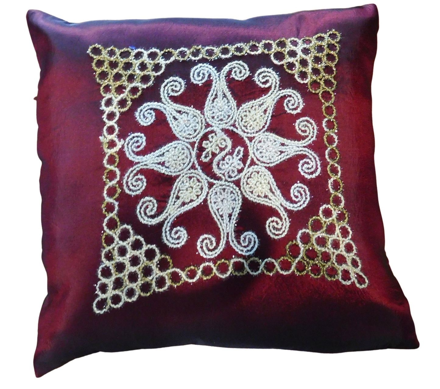 Pillow Cushion Cover Floral Embroidered Motif Wine Red 40x40cm/15.5x15.5in Thai Silk Sofa Bed Garden Chair