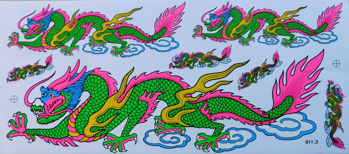 2 x dragon vert extra large film autocollant 1 feuille 530 mm x 230 mm résistant aux intempéries moto scooter skateboard auto tuning autocollant LS003+4