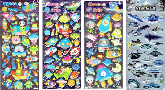 4 Bogen Promotion 3D Ufo Raumschiff Rakete Aufkleber Sticker für Kinder Basteln Kindergarten Geburtstag