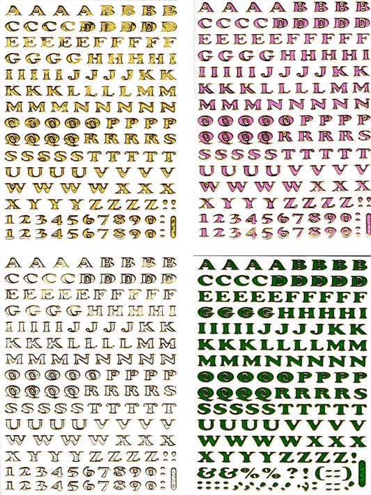 4 Bogen Promotion Set Buchstaben ABC bunt Aufkleber Sticker metallic Glitzer Effekt Schule Kinder Basteln Kindergarten