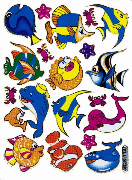 Lot d'autocollants poissons – Stickers colorés pour enfants sur le thème de la mer tropicale avec effet paillettes | Autocollants adhésifs