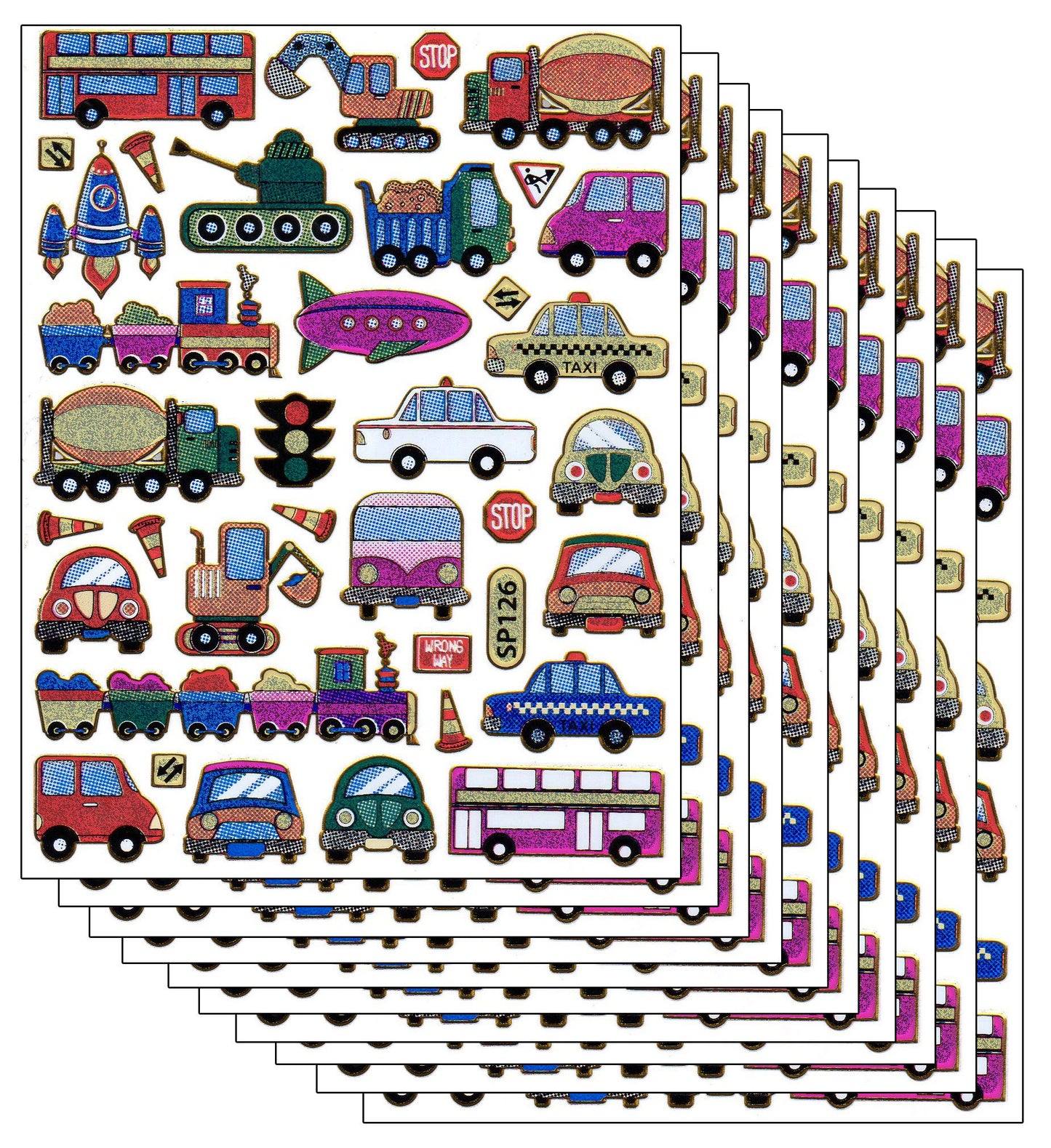 10ER Vorteilsangebot Auto Zug Panzer Bagger Aufkleber Sticker metallic Glitzer Effekt für Kinder Basteln Kindergarten Geburtstag 10 Bogen 277