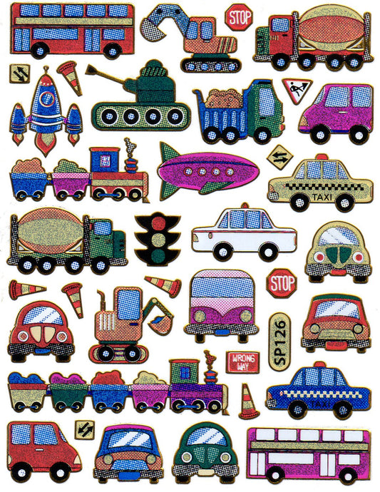 Auto Kran Roller Taxi Bus Aufkleber Sticker metallic Glitzer Effekt Schule Kinder Basteln Kindergarten 1 Bogen 277