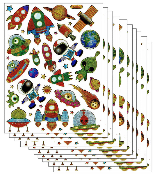 10ER Vorteilsangebot Rakete Ufo Raumschiff Aufkleber Sticker metallic Glitzer Effekt für Kinder Basteln Kindergarten Geburtstag 10 Bogen 300