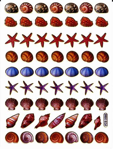 Muscheln Strand Fisch Fisches Meeresbewohner Wassertiere Tiere bunt Aufkleber Sticker metallic Glitzer Effekt für Kinder Basteln Kindergarten Geburtstag 1 Bogen 360
