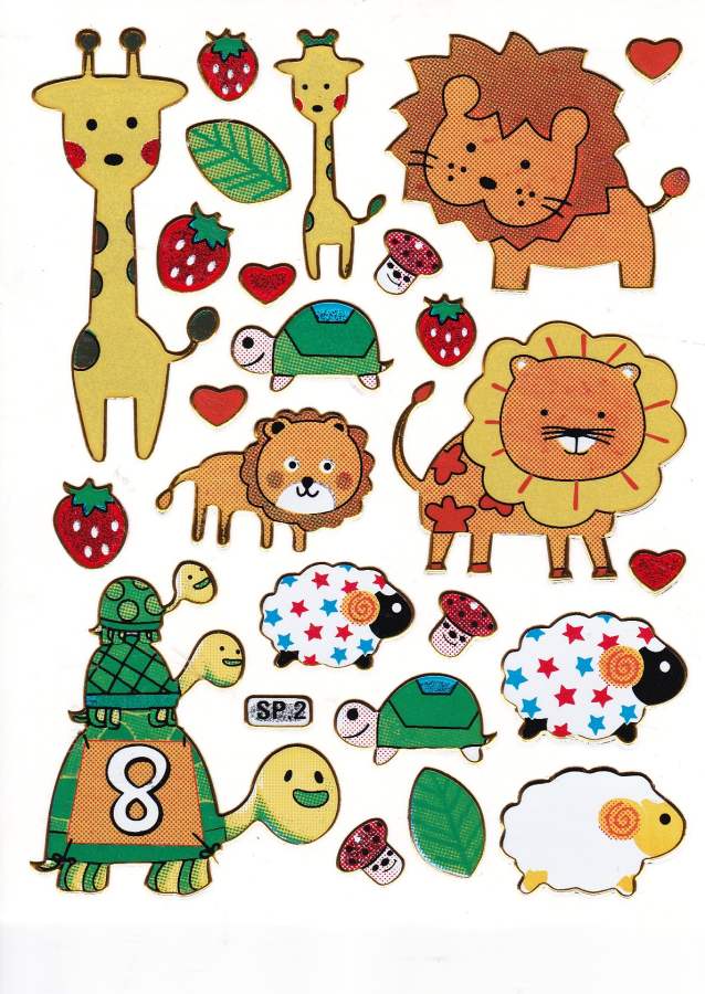 Girafe, lion, mouton, animaux colorés, stickers, effet paillettes métallisées, bricolage enfant, maternelle, 1 feuille 497