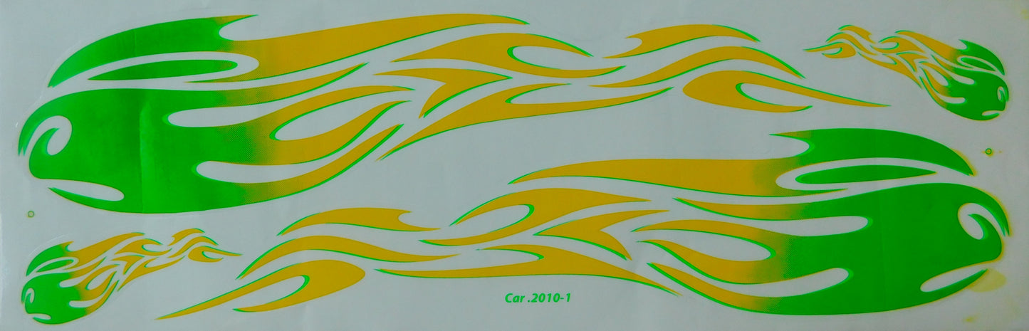 Large Flame Fire Green Yellow Sticker Decal Film 1 Sheet 530 mm x 170 mm Weatherproof Motorcycle Scooter Skateboard Car Tuning Self-Adhesive FL044