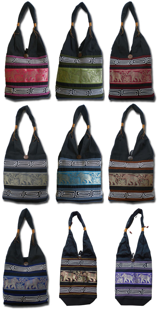 Elefanten Umhängetasche aus Baumwolle – Handgefertigte Thailand Schultertasche mit Stickerei 30 x 27 cm