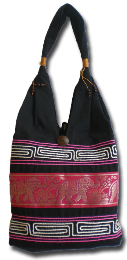 Elefanten Umhängetasche aus Baumwolle – Handgefertigte Thailand Schultertasche mit Stickerei 30 x 27 cm