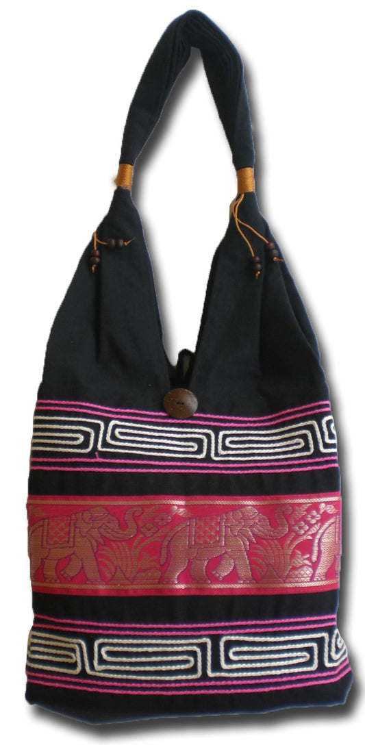 Elefanten Umhängetasche aus Baumwolle – Handgefertigte Thailand Schultertasche mit Stickerei 30 x 27 cm
