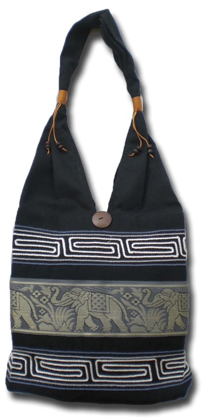 Elefanten Umhängetasche aus Baumwolle – Handgefertigte Thailand Schultertasche mit Stickerei 30 x 27 cm