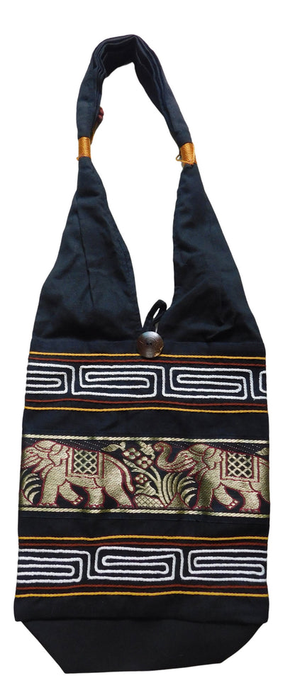 Elefanten Umhängetasche aus Baumwolle – Handgefertigte Thailand Schultertasche mit Stickerei 30 x 27 cm