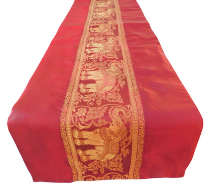 Chemin de table fait main avec bordure éléphant en soie thaïlandaise | 90–240 cm | Décoration de table élégante pour salon, mariage et fêtes