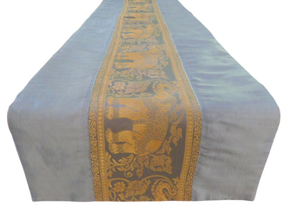 Chemin de table fait main avec bordure éléphant en soie thaïlandaise | 90–240 cm | Décoration de table élégante pour salon, mariage et fêtes