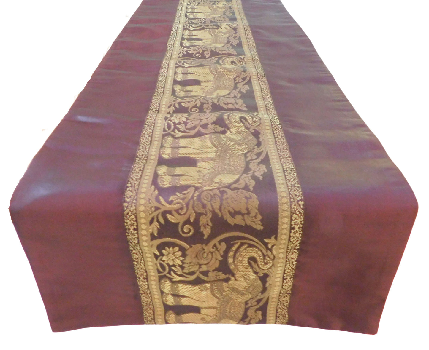 Chemin de table fait main avec bordure éléphant en soie thaïlandaise | 90–240 cm | Décoration de table élégante pour salon, mariage et fêtes