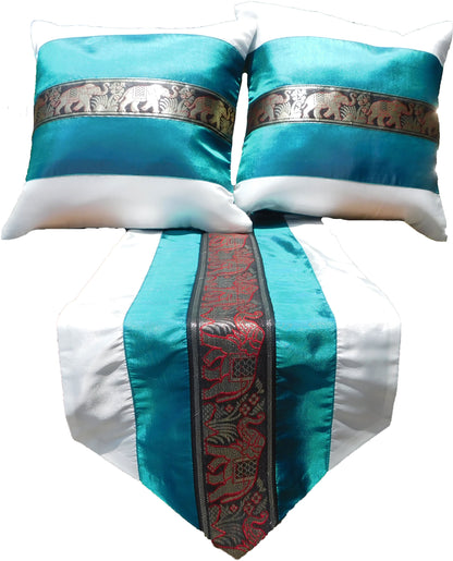 Housse de coussin et chemin de table SET 3 pièces bicolore éléphant bordure anniversaire mariage fête salon cuisine nappe hôtel Thai soie Thai Silk