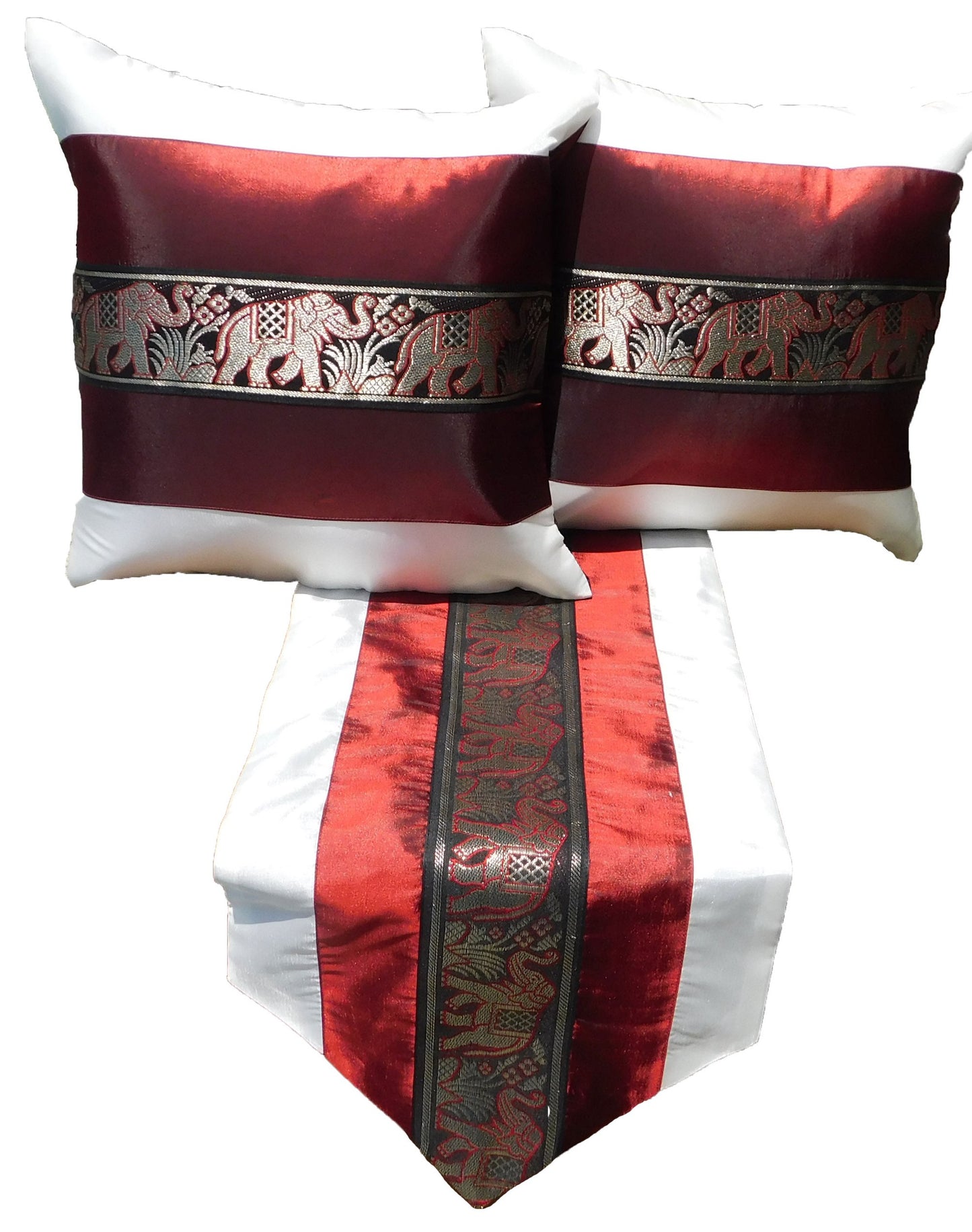 Housse de coussin et chemin de table SET 3 pièces bicolore éléphant bordure anniversaire mariage fête salon cuisine nappe hôtel Thai soie Thai Silk