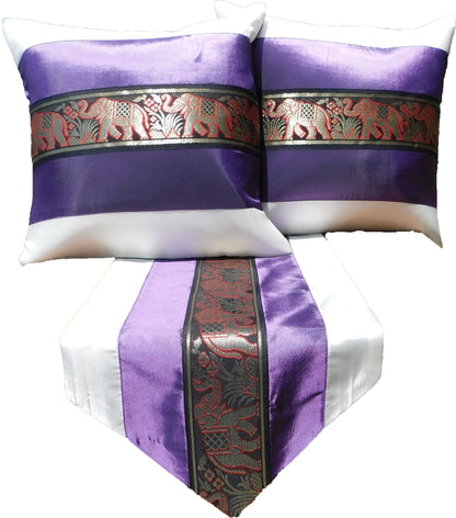 Housse de coussin et chemin de table SET 3 pièces bicolore éléphant bordure anniversaire mariage fête salon cuisine nappe hôtel Thai soie Thai Silk