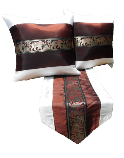 Housse de coussin et chemin de table SET 3 pièces bicolore éléphant bordure anniversaire mariage fête salon cuisine nappe hôtel Thai soie Thai Silk